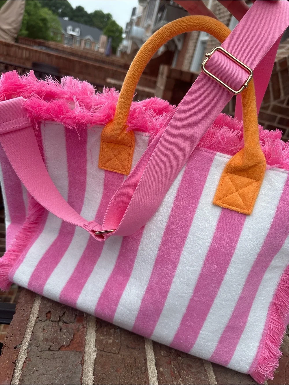 Shiraleah Pink & White Striped Tote Bag with Orange Handles NWT - Picture 7 of 11